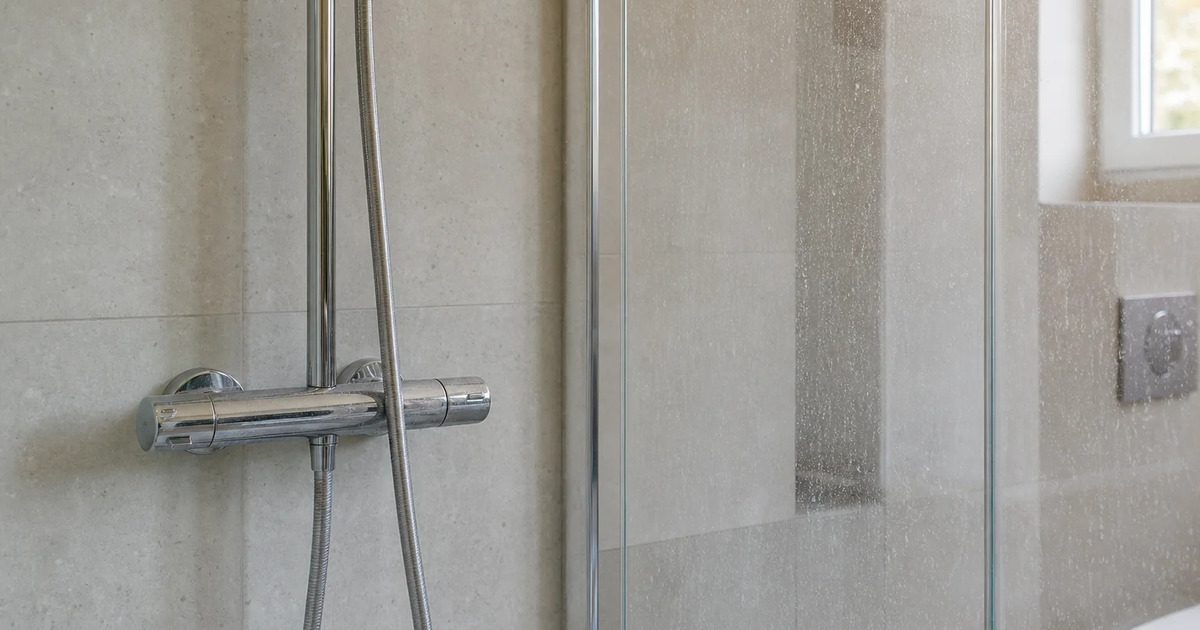 Dusche mit Wasserflecken auf Glas und Armatur