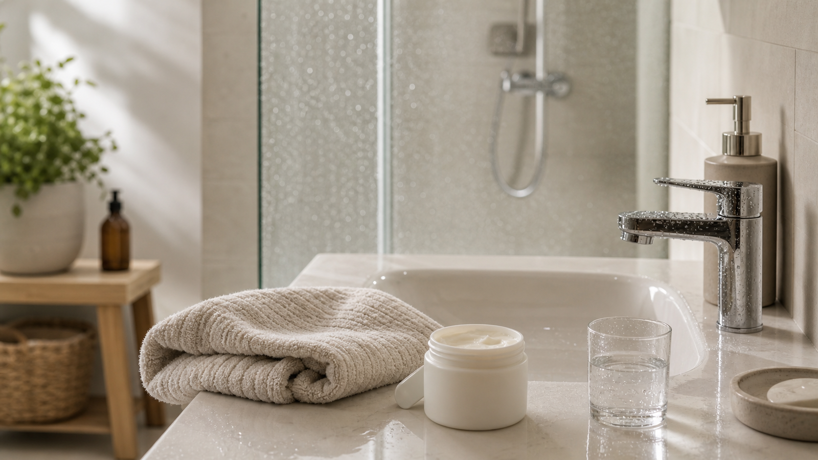 Helles Badezimmer mit Handtuch, Wasser, Pflegecreme und beschlagenem Duschglas