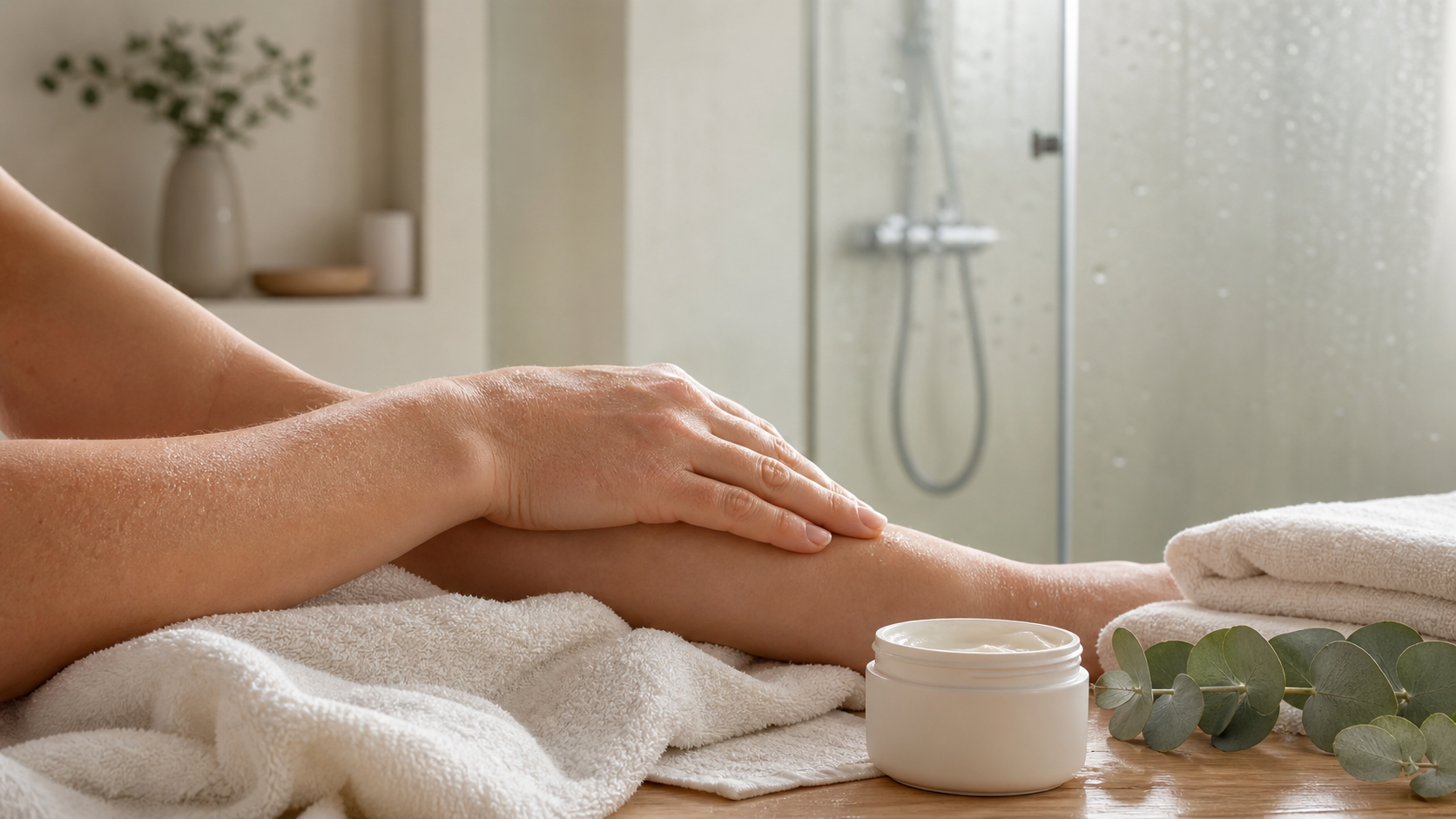 Sanftes Badezimmerbild mit Handtuch, Wasser und Pflege bei empfindlicher Haut
