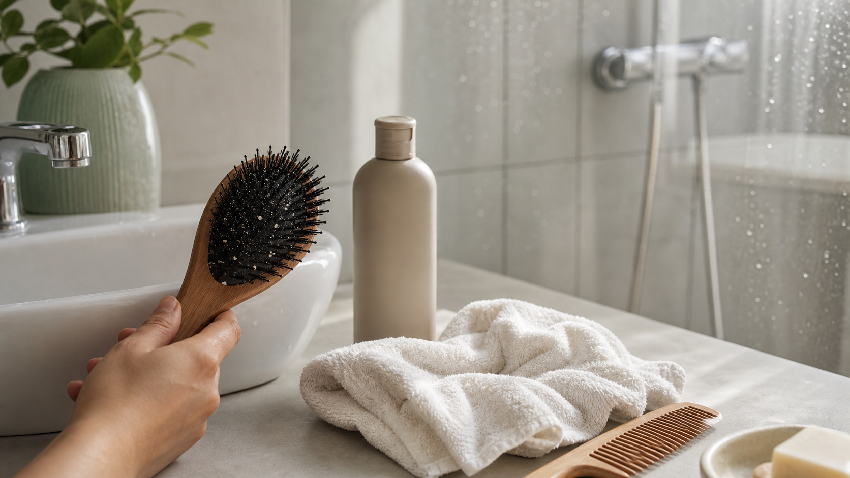 Badezimmerwaschbecken mit Haarbuerste, Handtuch, Wasser und unbeschrifteter Shampoo-Flasche