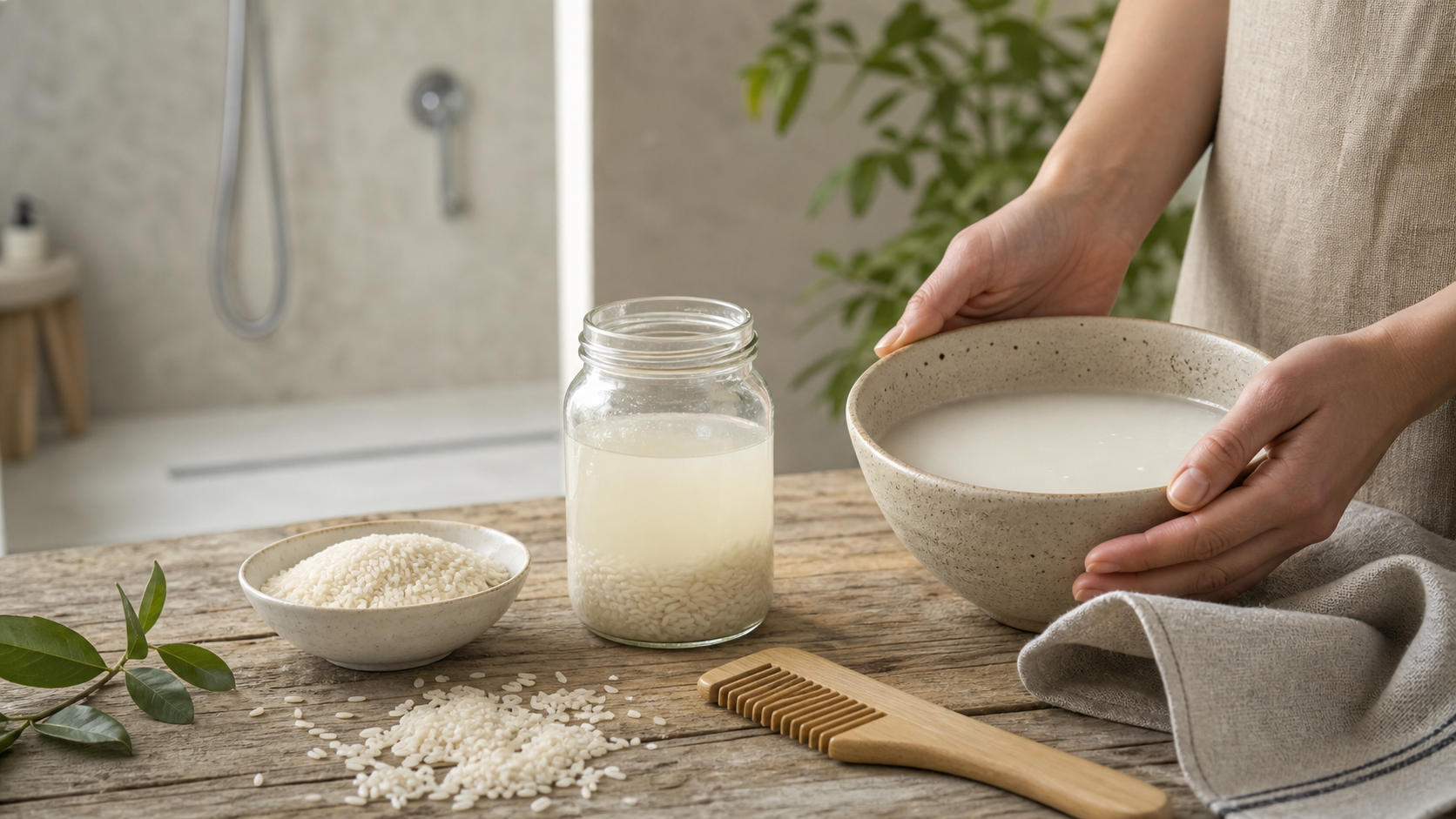 Schale mit Reiswasser, Reis und Holzkamm in einem hellen Badezimmer